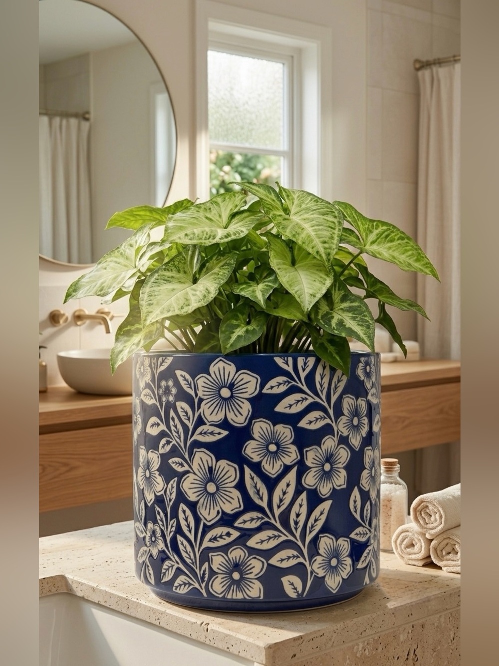 Blue and White Floral Ceramic Planter with Drainage Hole, 7 Inch Flower Pot